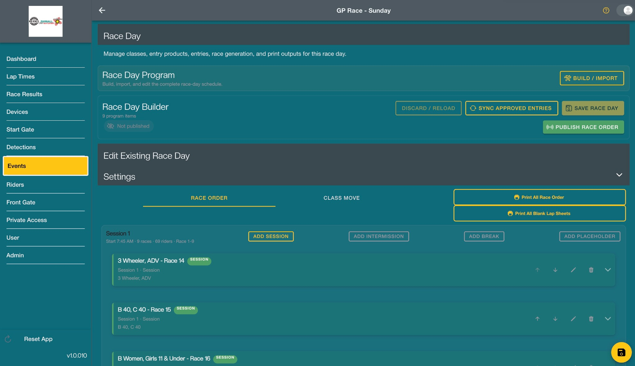 FlaggerAI race-day builder showing race order, sessions, and program controls.