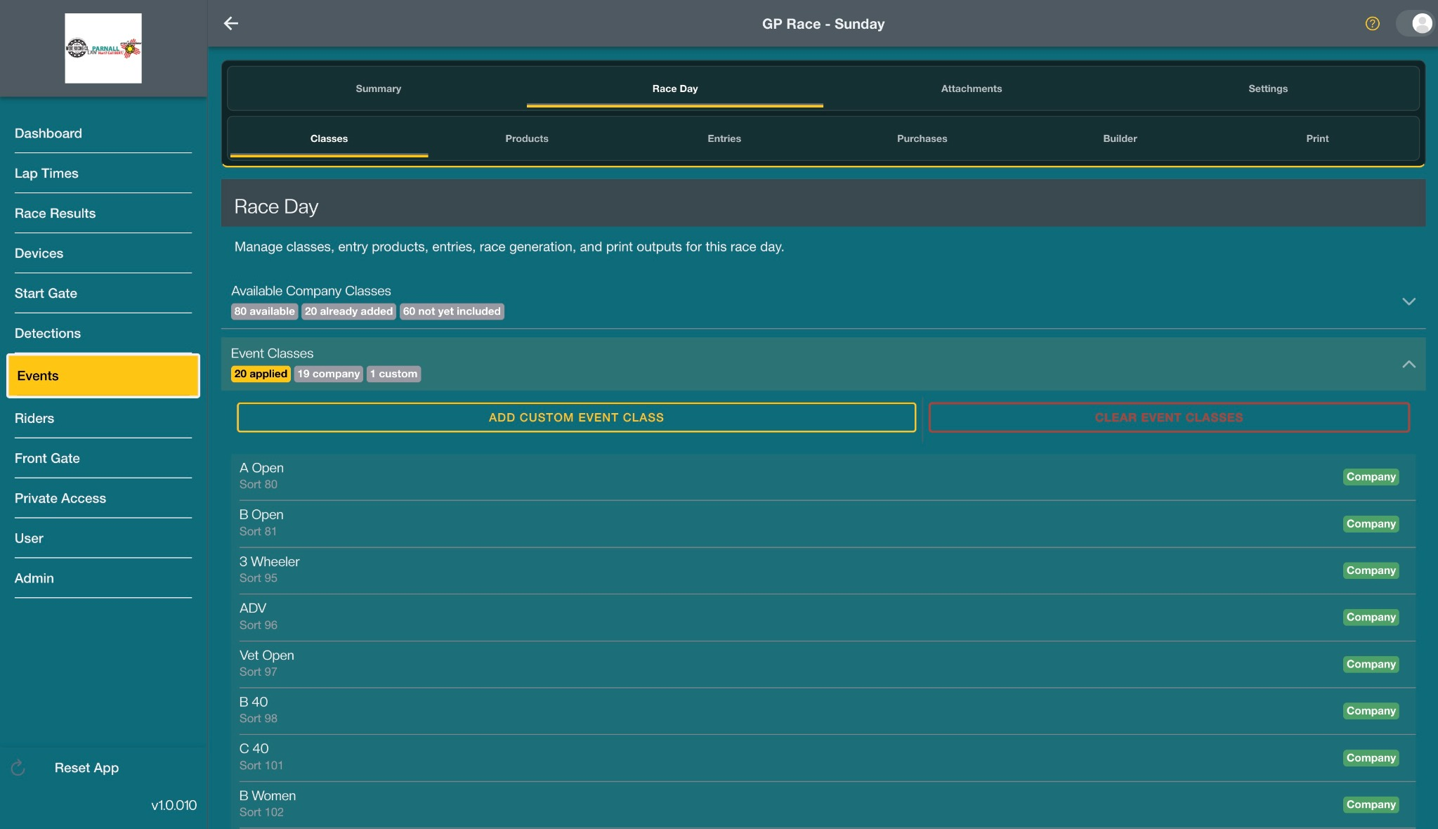 FlaggerAI race-day class management screen showing configured motocross classes.