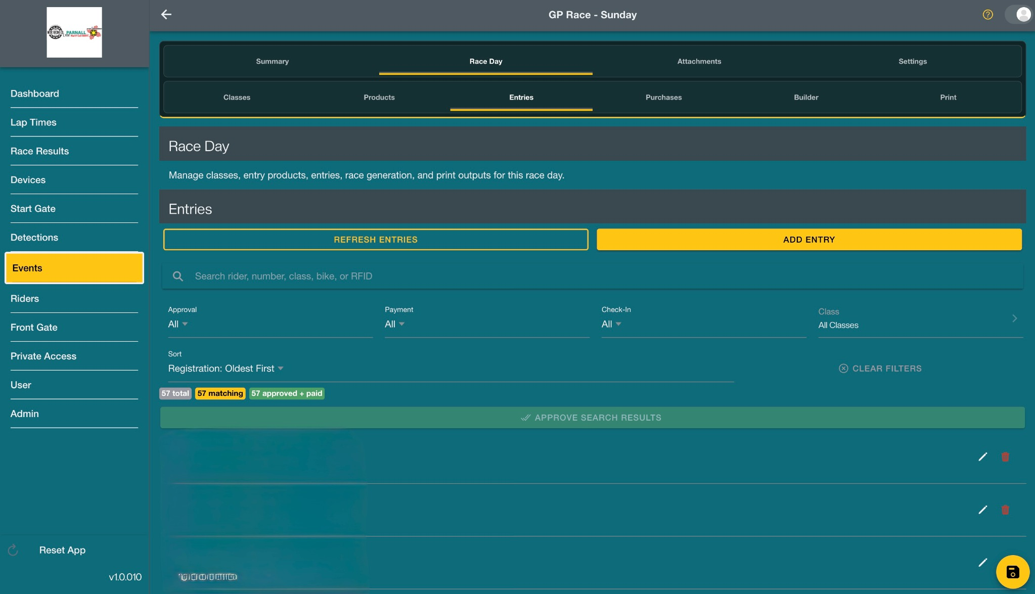 FlaggerAI race-day entries screen showing rider registration filters and entry status.