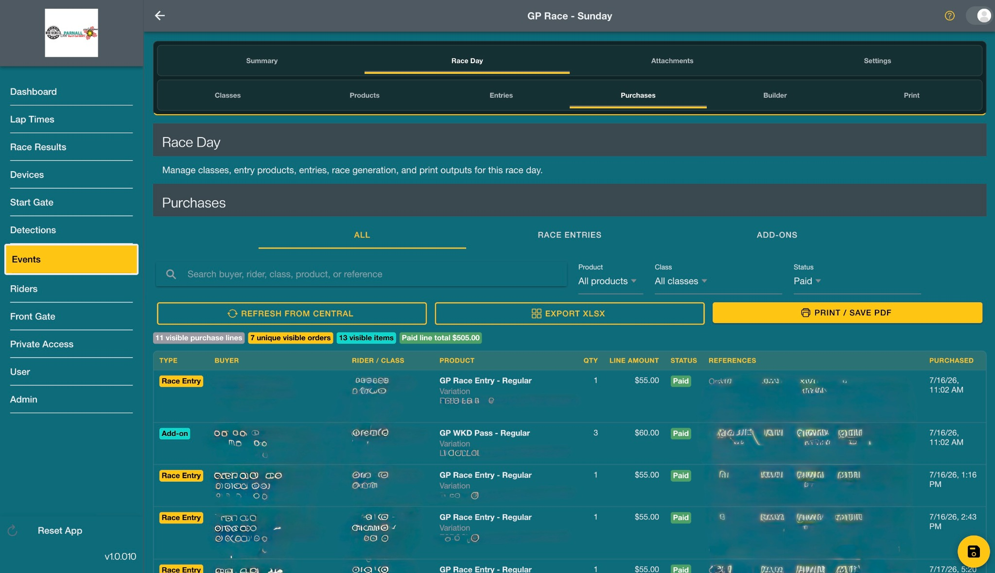 FlaggerAI race-day purchases screen showing race entries, add-ons, payment status, and totals.