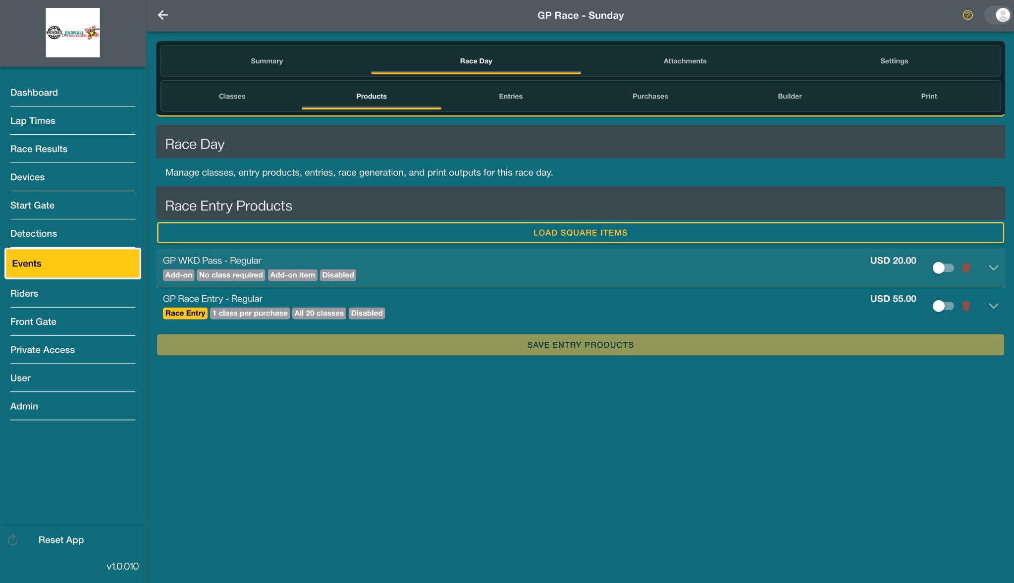 FlaggerAI race entry product configuration showing race entries and event add-ons.