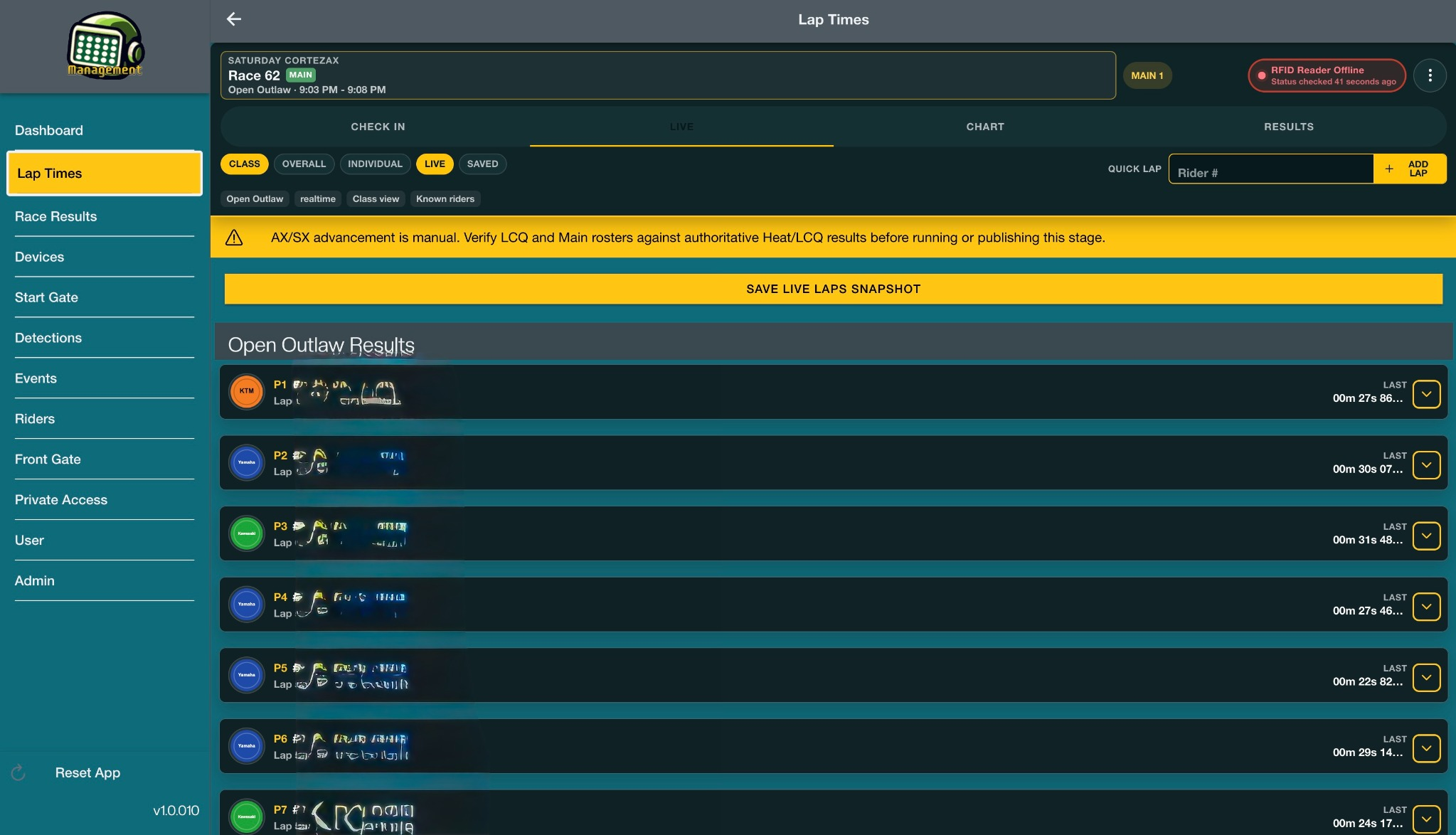 FlaggerAI live motocross timing screen showing rider positions and lap times.