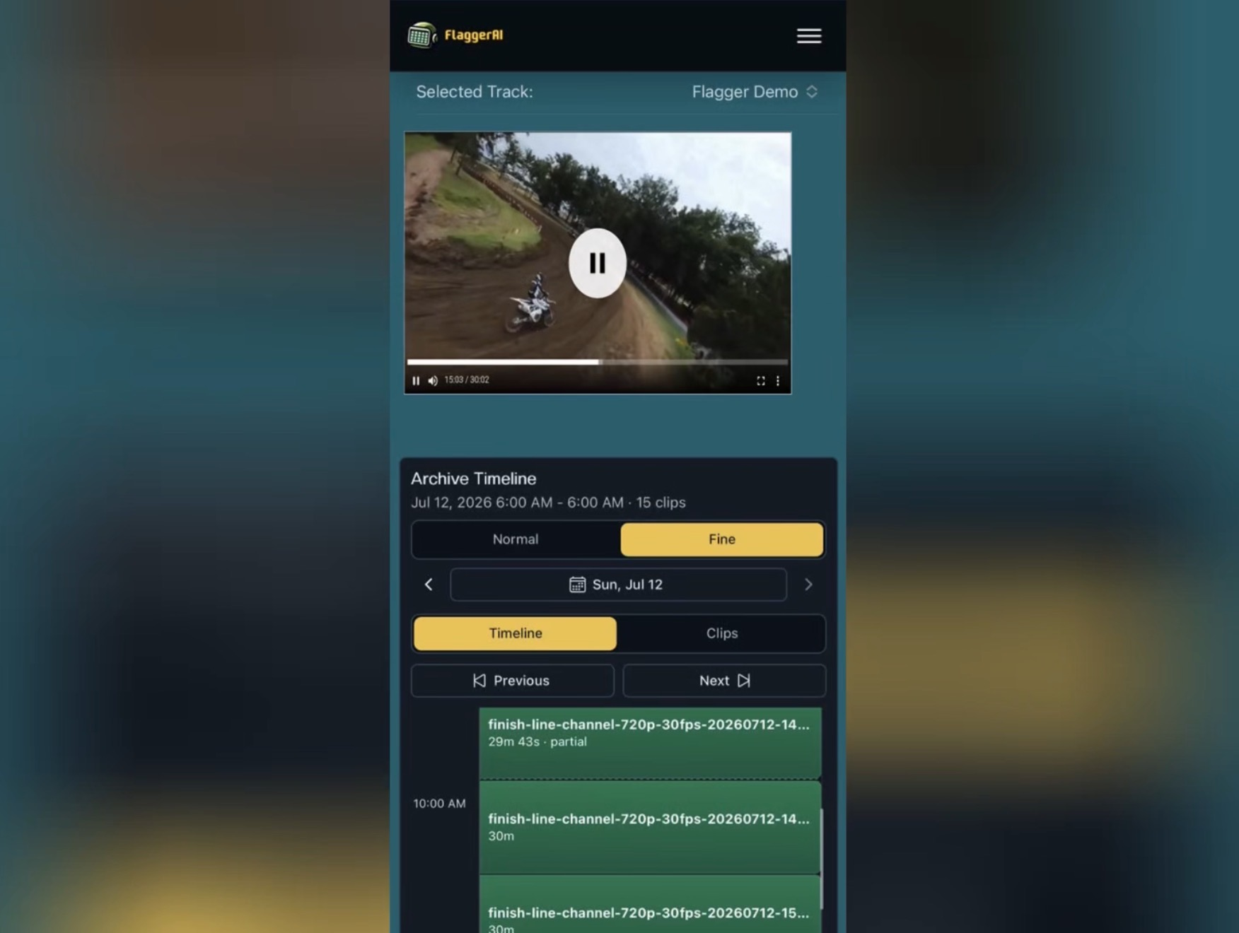 FlaggerAI video player and archive timeline showing recorded motocross clips.
