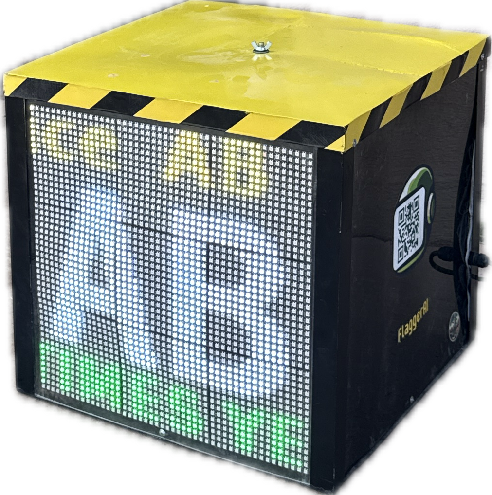FlaggerAI start gate controller cube displaying rider numbers and gate information.
