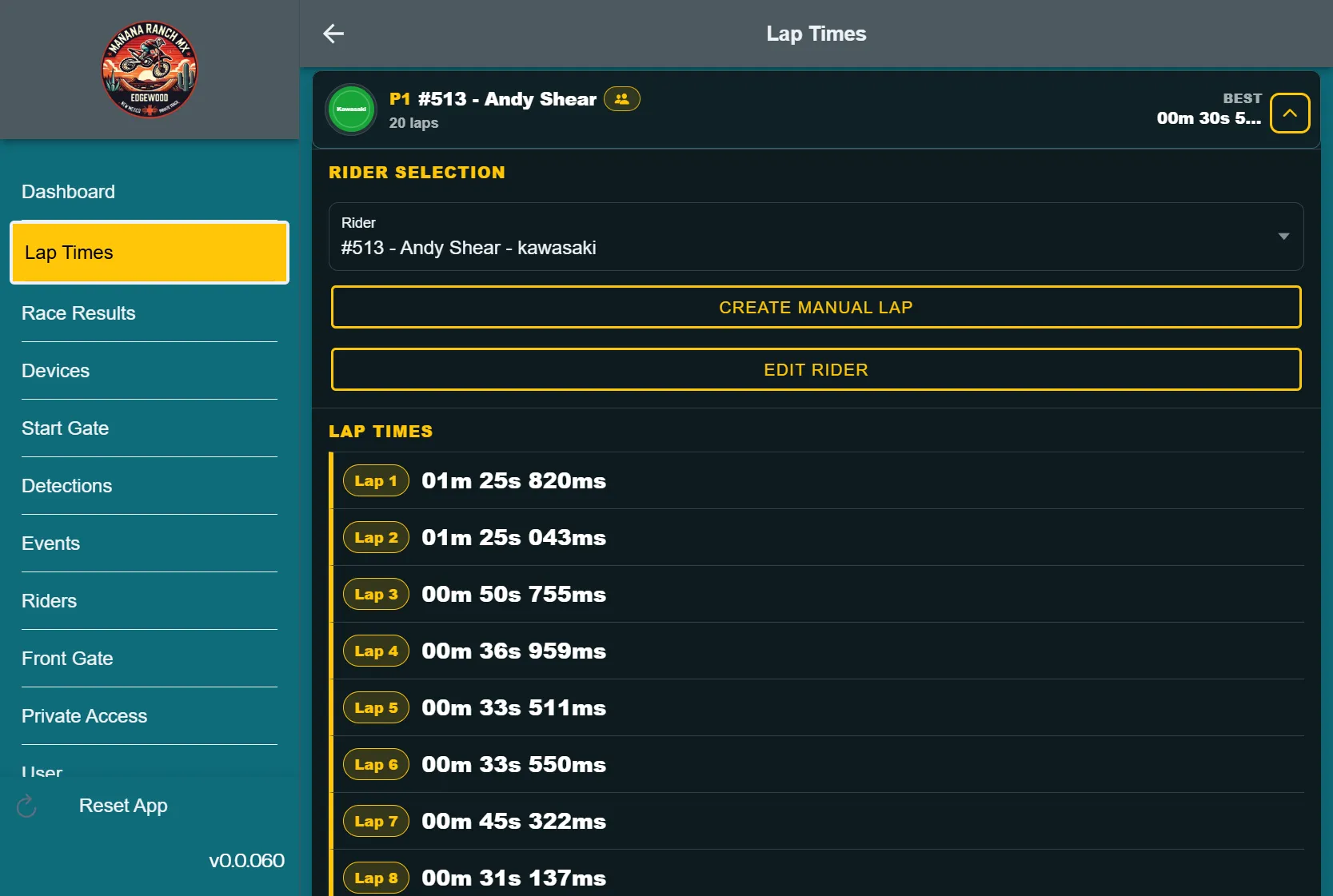 FlaggerAI RFID lap timing screen with lap records and rider timing data