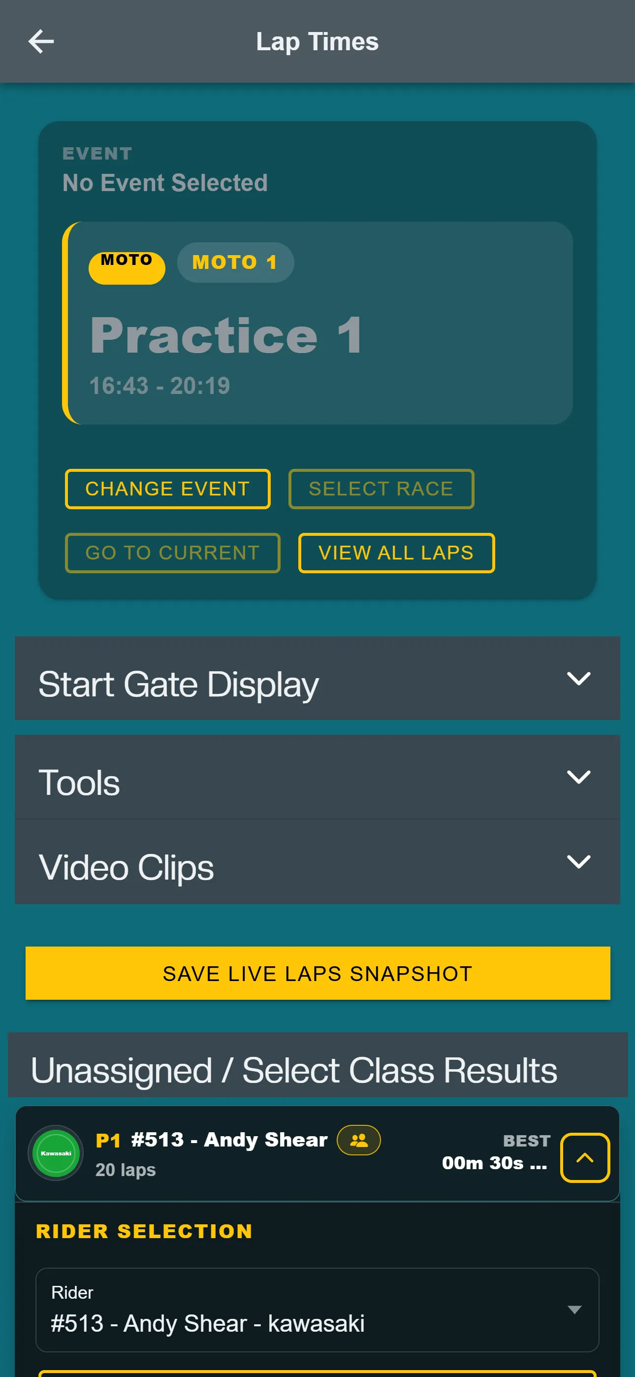 Mobile rider lap card showing motocross lap times and clips